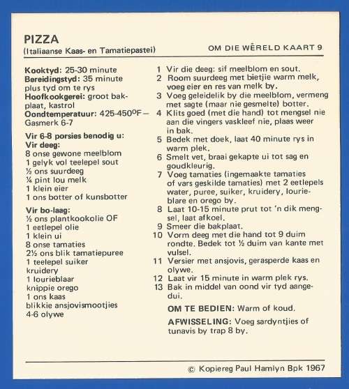 Vintage-Collectable-1967 Recipe Card-Africana-Paul Hamlyn-`Om Die Wereld Kaart 9`-Pizza