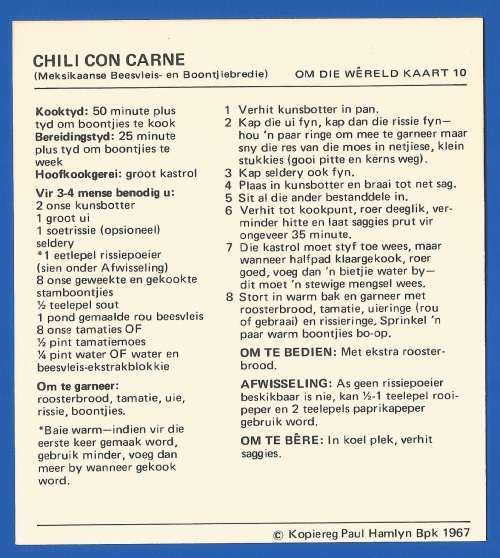 Vintage-Collectable-1967 Recipe Card-Africana-Paul Hamlyn-`Om Die Wereld Kaart 10`-Chili Con Carne
