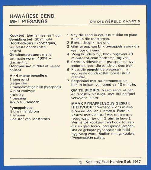 1967 Recipe Card-Africana-Paul Hamlyn-`Om Die Wereld Kaart 6`-Hawaiiese Eend Met Piesangs