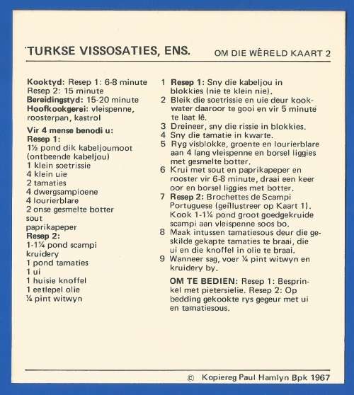Vintage-Collectable-1967 Recipe Card-Africana-Paul Hamlyn-`Om Die Wereld Kaart 2`-Turkse Vissosaties