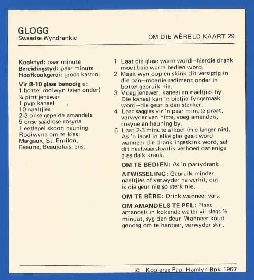 Vintage-Collectable-1967 Recipe Card-Africana-Paul Hamlyn-`Om Die Wereld Kaart 29`-Glogg