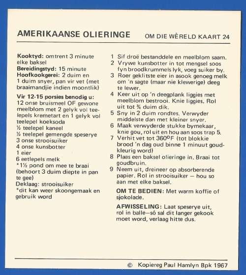 1967 Recipe Card-Africana-Paul Hamlyn-`Om Die Wereld Kaart 24`-Amerikaanse Olieringe