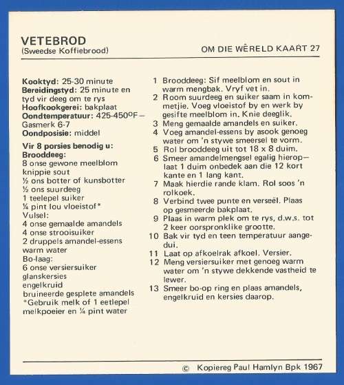Vintage-Collectable-1967 Recipe Card-Africana-Paul Hamlyn-`Om Die Wereld Kaart 27`-Vetebrod