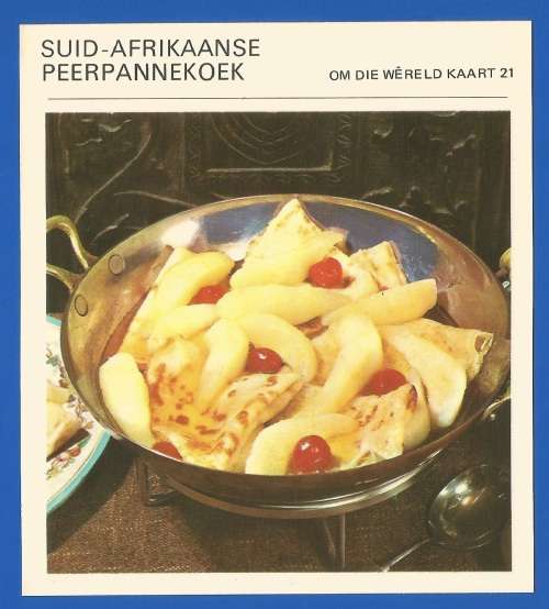 1967 Recipe Card-Africana-Paul Hamlyn-`Om Die Wereld Kaart 21`-Suid Afrikaanse Peerpannekoek