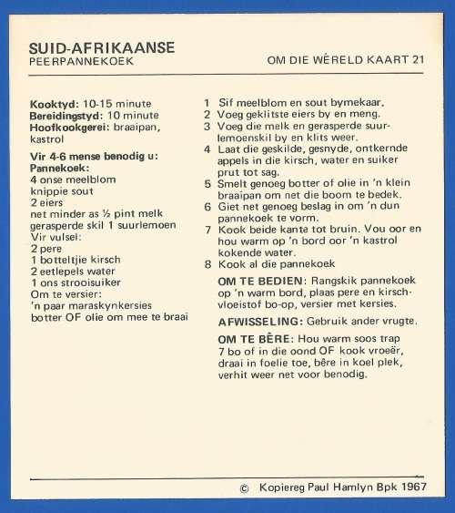 1967 Recipe Card-Africana-Paul Hamlyn-`Om Die Wereld Kaart 21`-Suid Afrikaanse Peerpannekoek