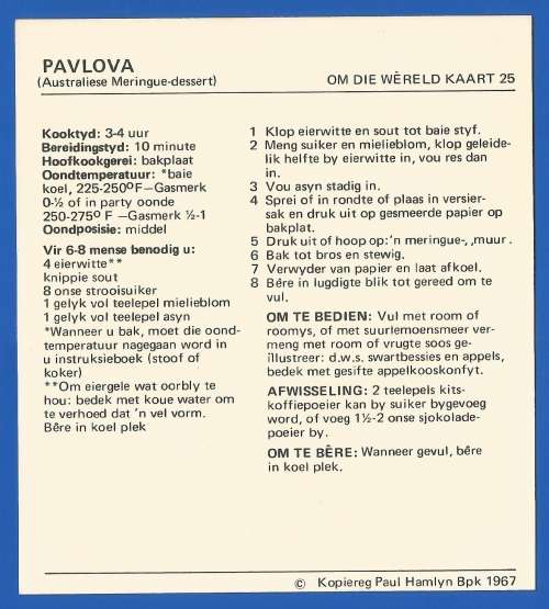 Vintage-Collectable-1967 Recipe Card-Africana-Paul Hamlyn-`Om Die Wereld Kaart 25`-Pavlova