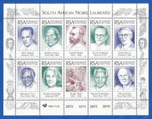 1996-RSA-MNH-SACC991- Sheetlet of 10-South African Nobel Laureates