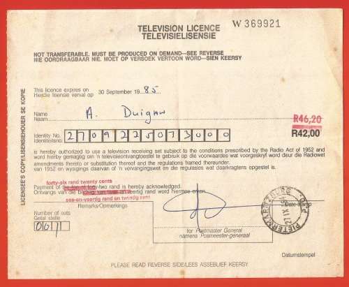 1985-30 September- RSA-Television (TV) Licence- Issued-Pietermaritzburg- Amount R46.20