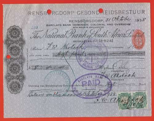 1938-31 October- Barclays Bank Cheque-The National Bank South Africa Limited