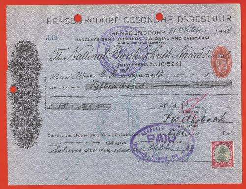 1938-31 October- Barclays Bank Cheque-The National Bank South Africa Limited