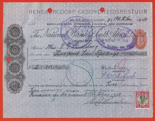 1938-31 October- Barclays Bank Cheque-The National Bank South Africa Limited