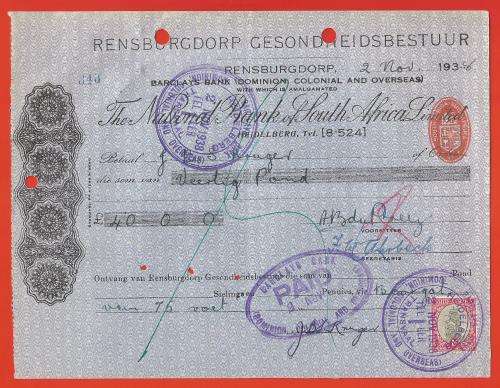 1938-2 November- Barclays Bank Cheque-The National Bank South Africa Limited