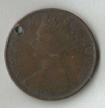 1863 Hong Kong 1 Cent - Victoria with hole made for a necklace