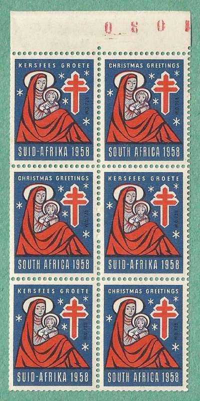1958-MNH-Union of South Africa Christmas Stamps-Booklet Pane with sheet number