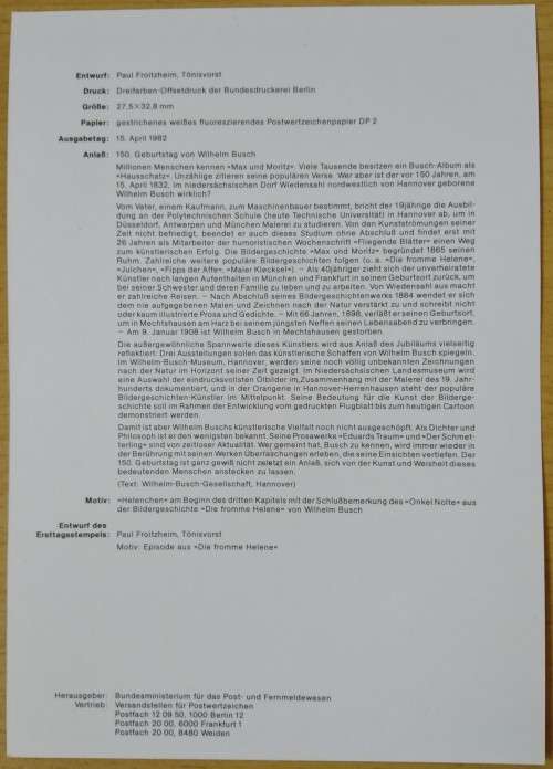 1982-First Day Sheet-Germany The 150th Anniversary of the Birth of Wilhelm Busch
