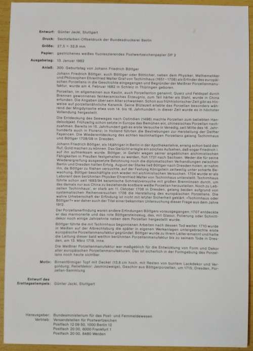 1982-First Day Sheet-Germany The 300th Anniversary of the Birth of John E.Böttger