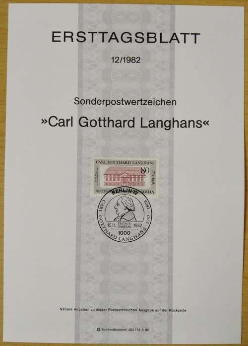 1982-First Day Sheet-Berlin The 250th Anniversary of the Birth of Carl G. Langhans
