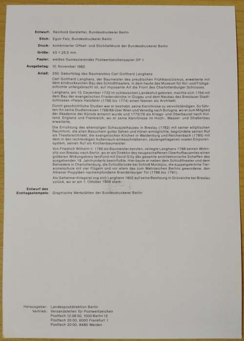1982-First Day Sheet-Berlin The 250th Anniversary of the Birth of Carl G. Langhans