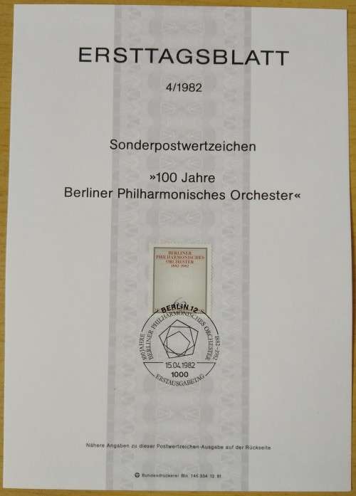 1982-First Day Sheet-Berlin The 100th Anniversary of Berlin`s Philharmonic Orchestre