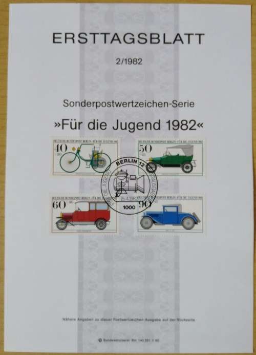 1982-First Day Sheet-Berlin Youth Welfare - Vintage Motorcycle & Cars
