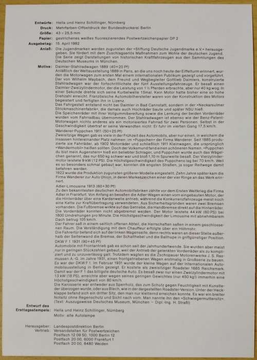1982-First Day Sheet-Berlin Youth Welfare - Vintage Motorcycle & Cars