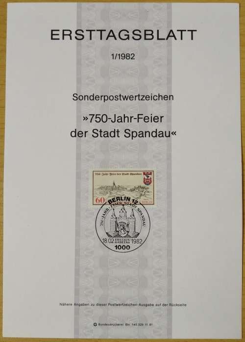 1982-First Day Sheet-Berlin The 750th Anniversary of Spandau