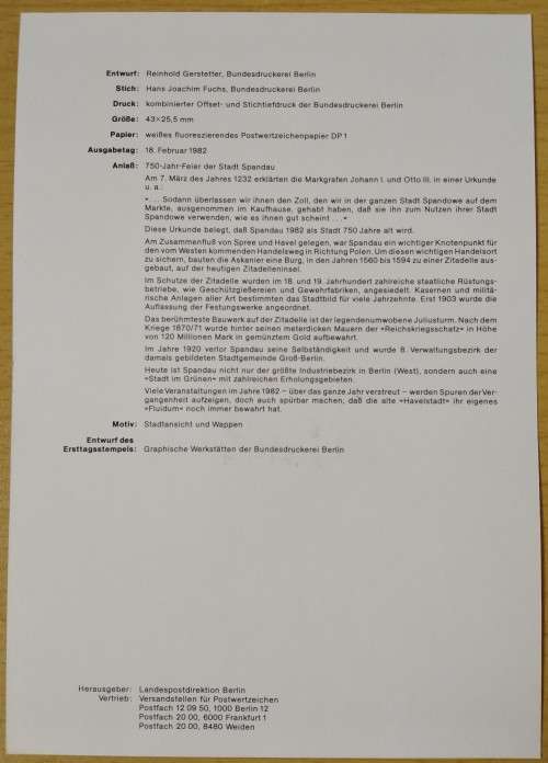 1982-First Day Sheet-Berlin The 750th Anniversary of Spandau