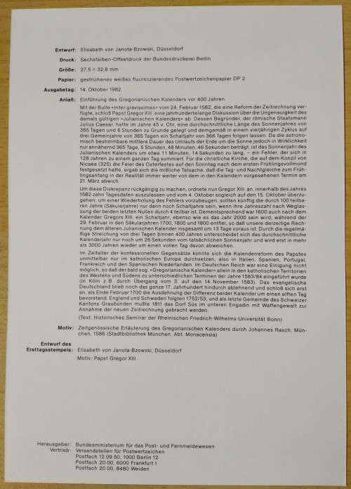 1982-First Day Sheet-Germany The 400th Anniversary of the Gregorian Calendar