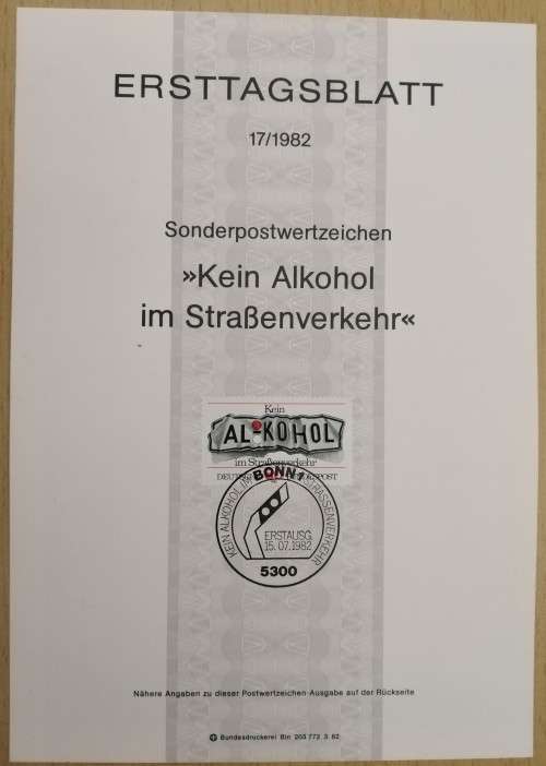 1982-First Day Sheet-Germany Information About Alcohol and Traffic