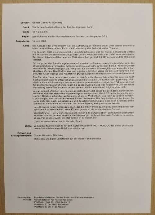 1982-First Day Sheet-Germany Information About Alcohol and Traffic