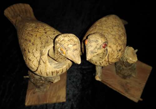 Pair Bobbin-head Handcrafted Wood and Cork Birds
