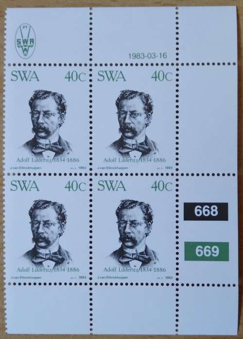 1983-SWA-MNH-Centenary of Luderitz-40c-Control Block-SACC 419.