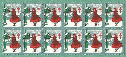 1935-MNH-USA-Christmas Seals/Stamps-Block-Variety-Second row second last stamp line through postbox.