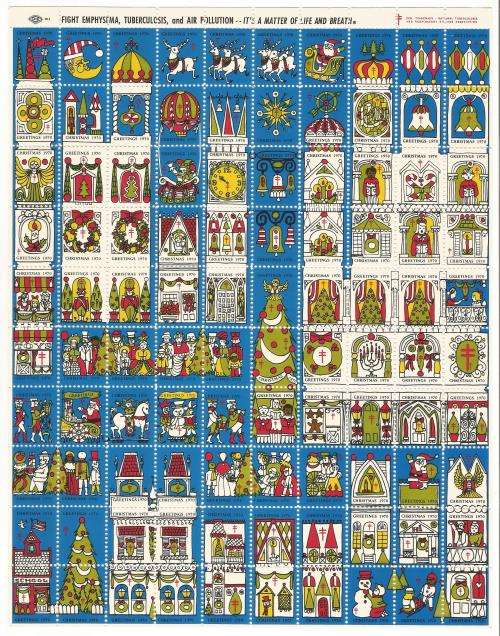 1970-USA-MNH-Christmas Greetings Seals-Stamps-Part Sheet.