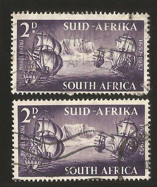 1952 Union of South Africa-SACC137a/138a-Varieties-Full Moon and Line Through Sails-Used.