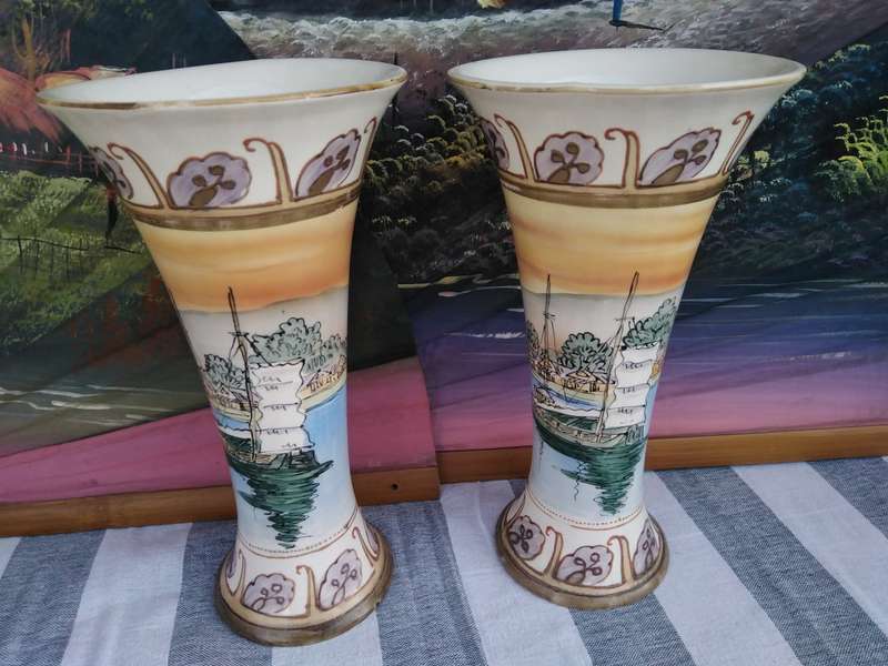Pair of Vases with a sail boat scene.  30cm high . No chips or cracks, Just Crazing