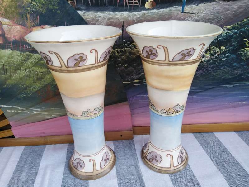 Pair of Vases with a sail boat scene.  30cm high . No chips or cracks, Just Crazing