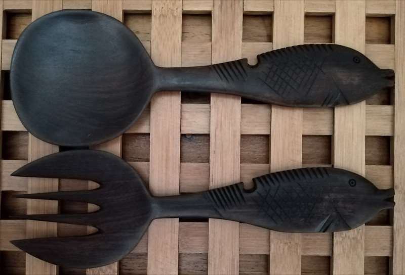 Hand Crafted Salad Serving Fork Spoon. Probably African Black wood.