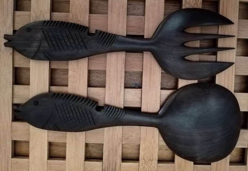 Hand Crafted Salad Serving Fork Spoon. Probably African Black wood.