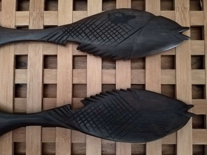 Hand Crafted Salad Serving Fork + Spoon. Probably African Black wood.