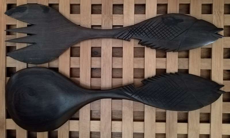 Hand Crafted Salad Serving Fork + Spoon. Probably African Black wood.