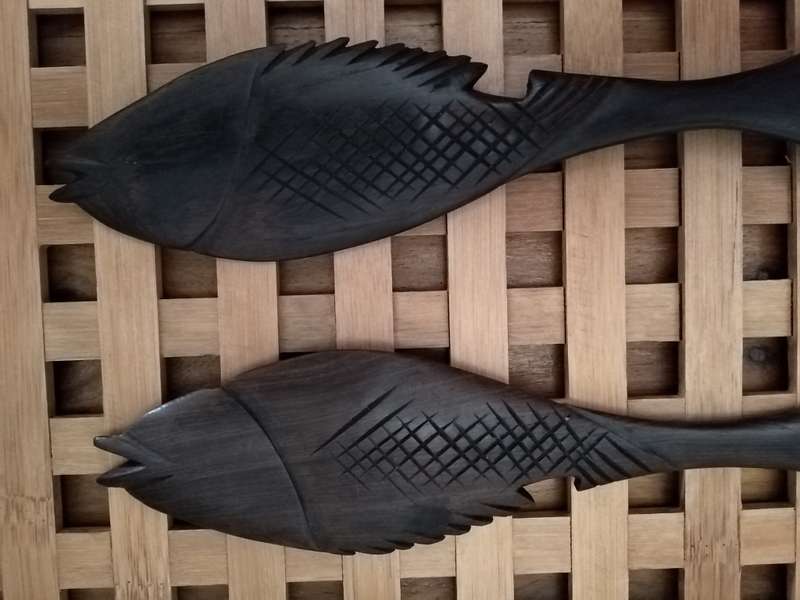 Hand Crafted Salad Serving Fork + Spoon. Probably African Black wood.