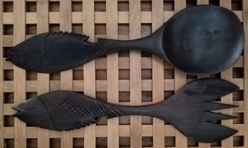 Hand Crafted Salad Serving Fork + Spoon. Probably African Black wood.