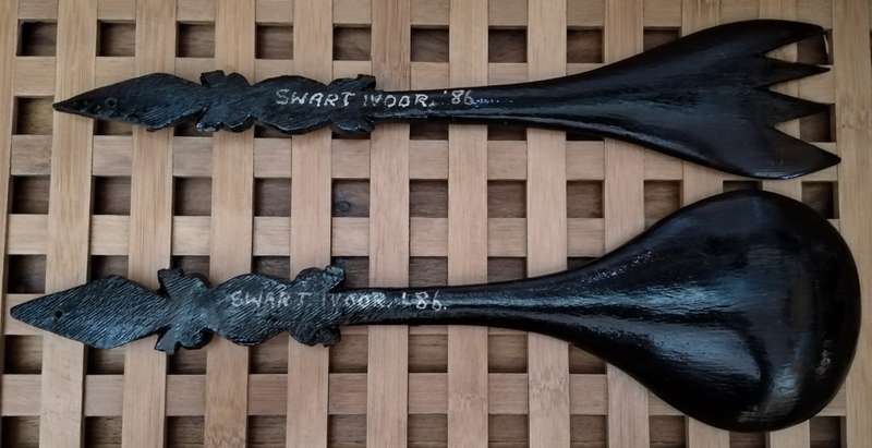 Hand Crafted Salad Serving Fork + Spoon. Probably African Black wood. Crocodile Handle 1986