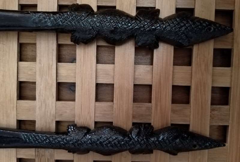 Hand Crafted Salad Serving Fork + Spoon. Probably African Black wood. Crocodile Handle 1986