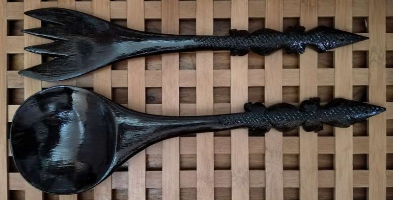 Hand Crafted Salad Serving Fork + Spoon. Probably African Black wood. Crocodile Handle 1986