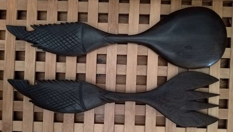 Hand Crafted Salad Serving Fork + Spoon. Probably African Black wood.