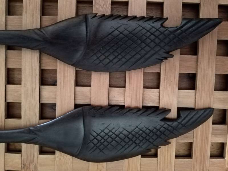 Hand Crafted Salad Serving Fork + Spoon. Probably African Black wood.