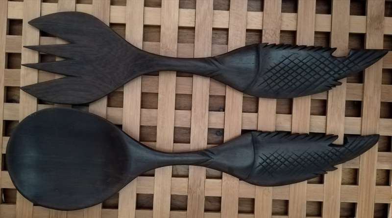 Hand Crafted Salad Serving Fork + Spoon. Probably African Black wood.