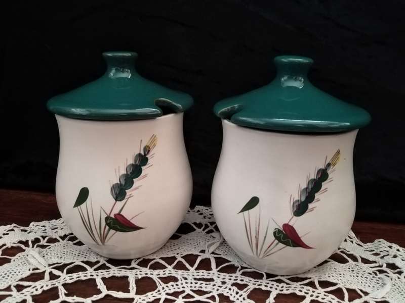 Denby `GreenWheat` Pair of Jam Jars Signed A College - Produced 1955-1976